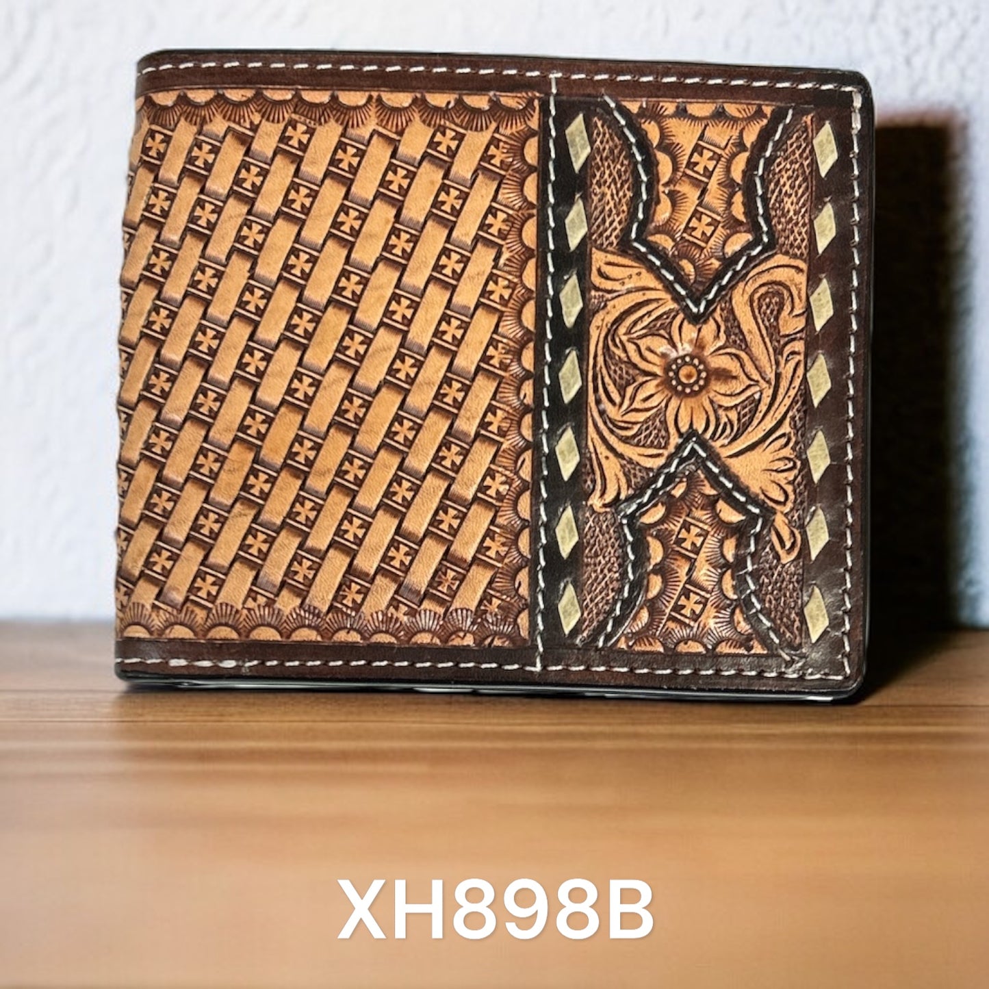 Twisted X wallet, floral carving, basket tooling bifold