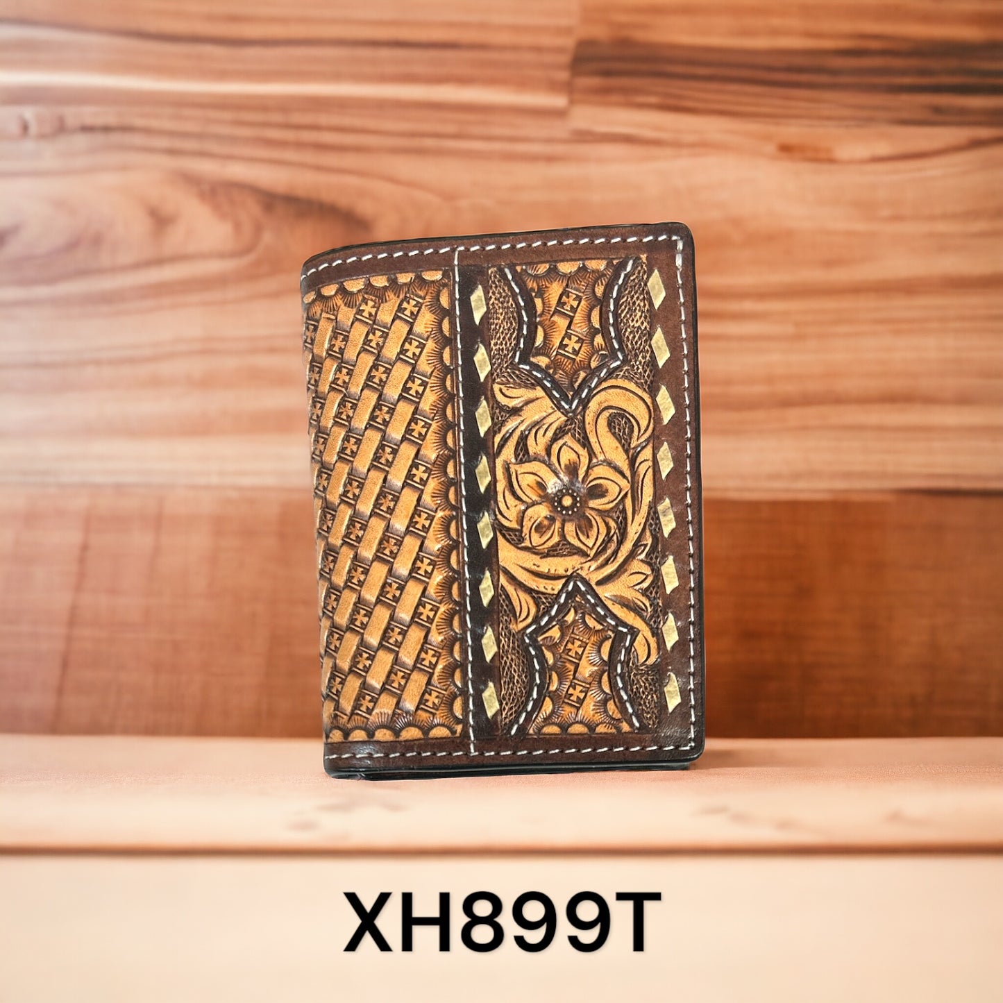 Twisted X floral carving, baskettooling, rawhide buckstitch, trifold