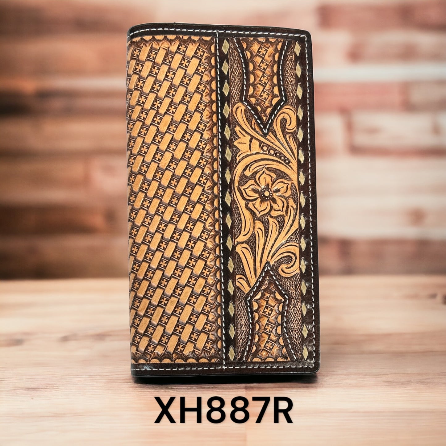 Twisted X wallet, floral carving, basket tooling