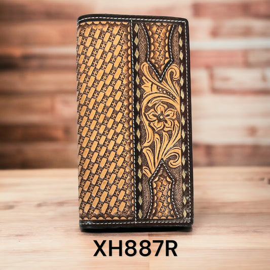 Twisted X wallet, floral carving, basket tooling