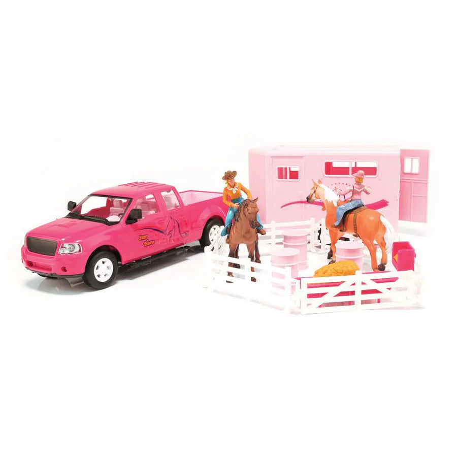 M&F Children's Rodeo Pink Truck Trailer and Horse Toy Set