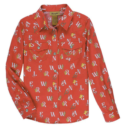 Wrangler Girls' Long Sleeve Western Snap Shirt - Red