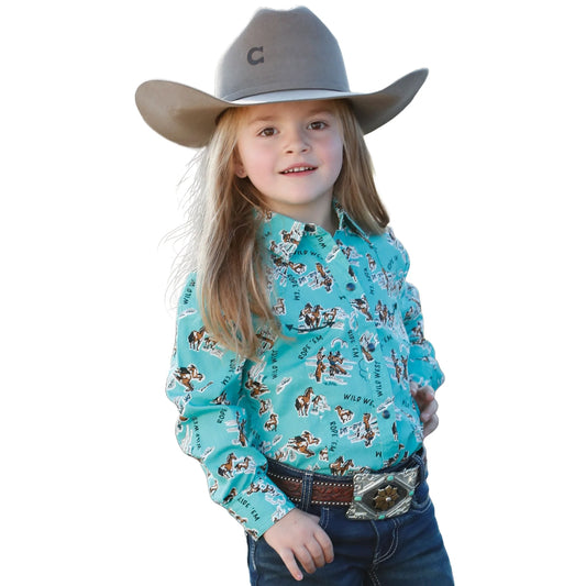 Youth Girl's Turquoise Wild West Print Button Down Shirt